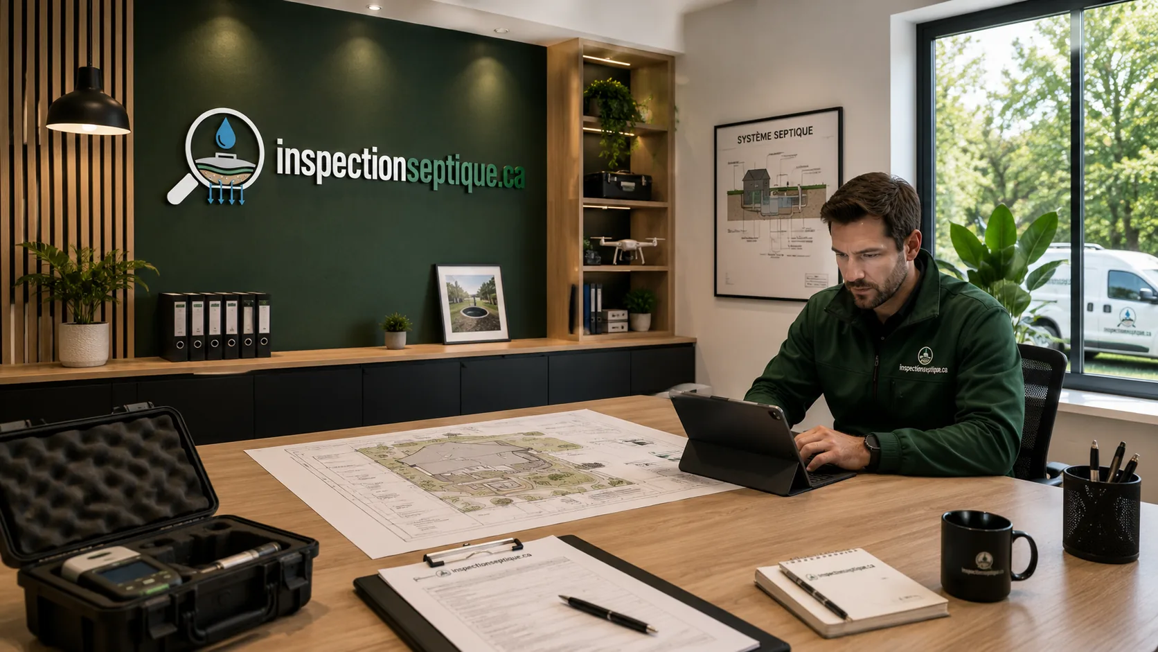 Bureau d'inspection septique : plan de terrain déroulé, tablette et mallette d'instruments