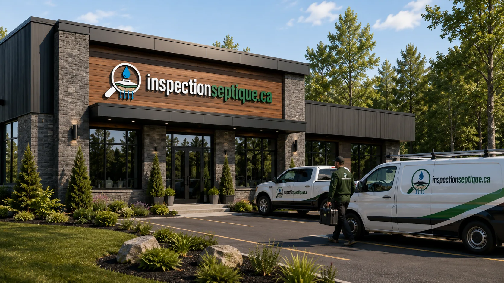 Véhicules d'inspection septique identifiés devant les bureaux du réseau
