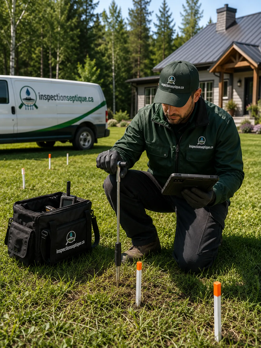 Sonde enfoncée dans le sol entre des piquets de repérage lors d'un test de sol