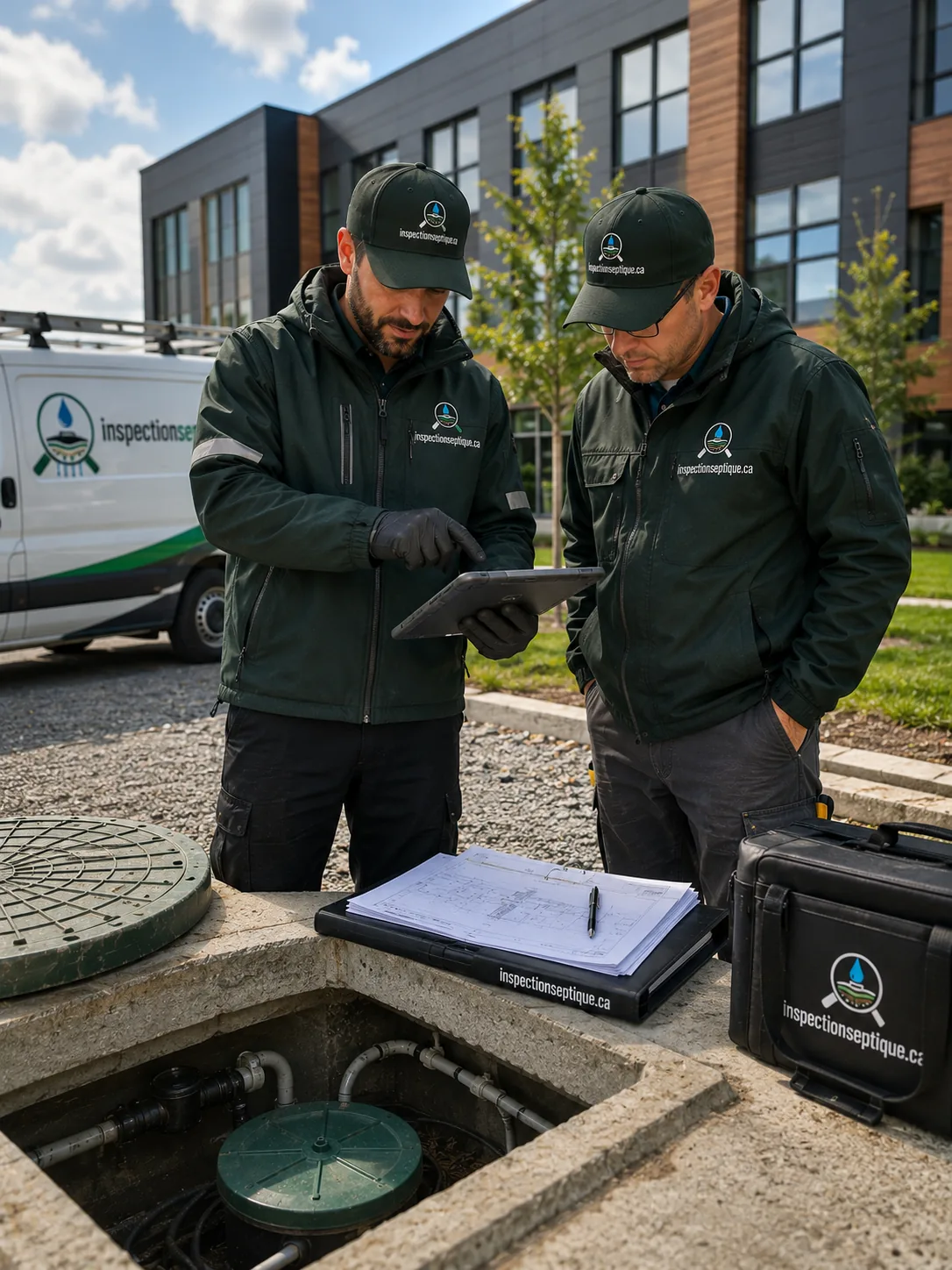 Deux techniciens devant un regard ouvert, tuyauterie visible et plans à l'appui